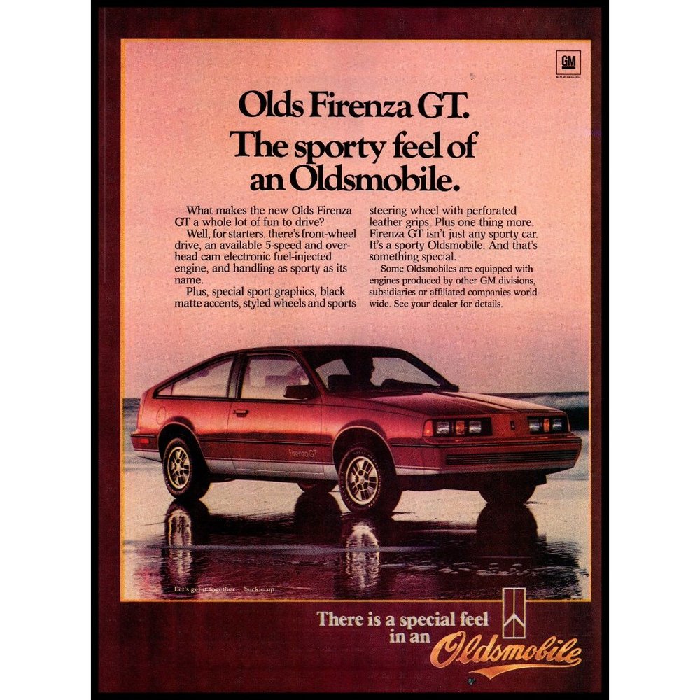 1984 Oldsmobile Firenza GT Hatchback Vintage Print Ad Beach Surf Waves Wall Art